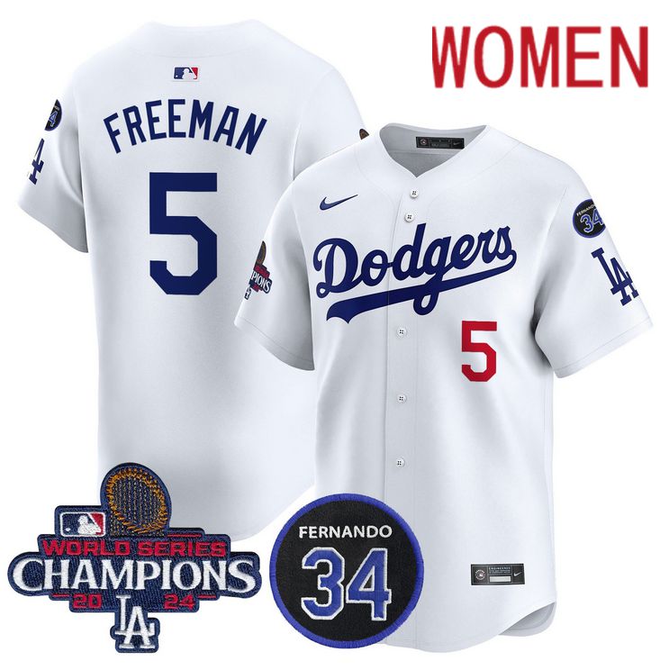 Women MLB Los Angeles Dodgers 5 Freeman white 2024 World Series Champions Patch Limited Jersey